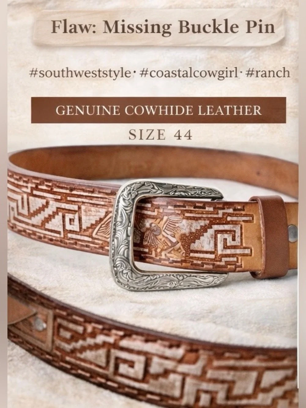 Vintage Western Leather Belt Cinto Piteado Horse Aztec Genuine Cowhide Mexico 44